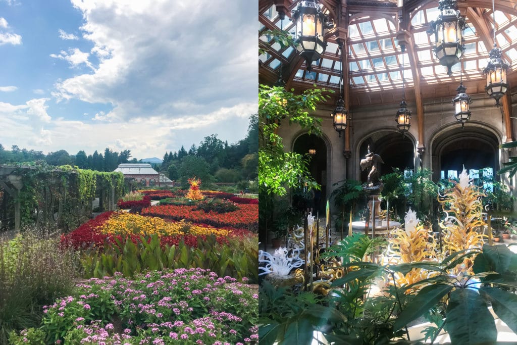 The atrium inside the Biltmore Estate and one of the gardens full of colorful blooms